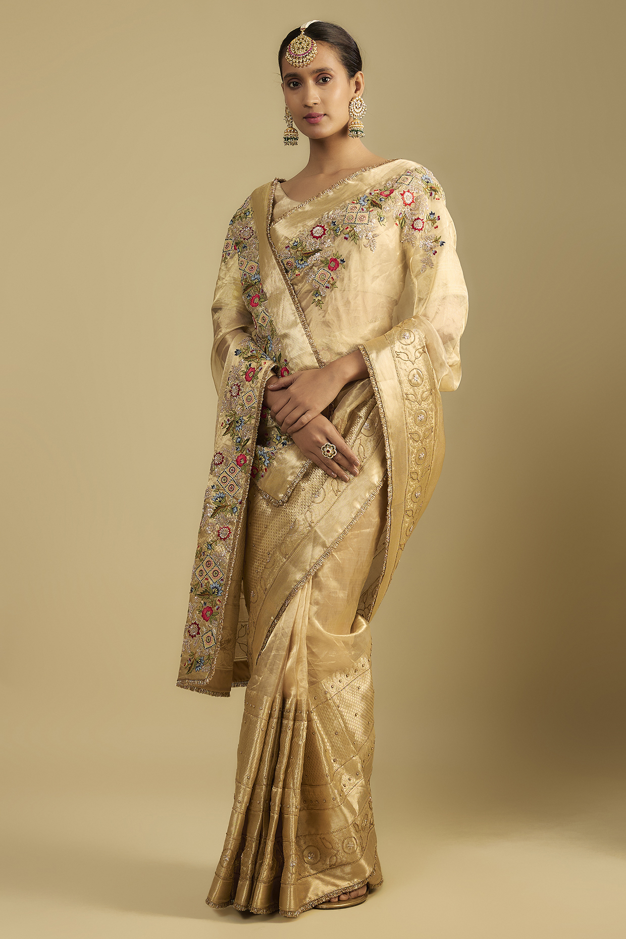 Gold Tissue Thread Embroidered Reception Saree Set by Jaya Rathore at Pernia's Pop Up Shop