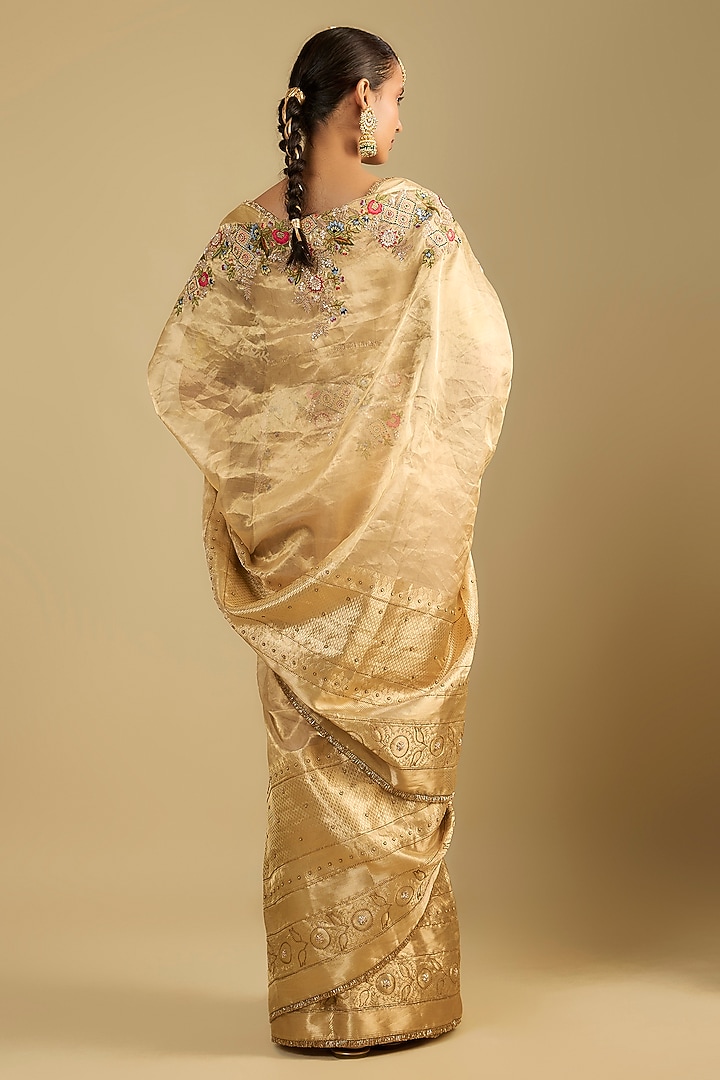Gold Tissue Thread Embroidered Reception Saree Set by Jaya Rathore at Pernia's Pop Up Shop