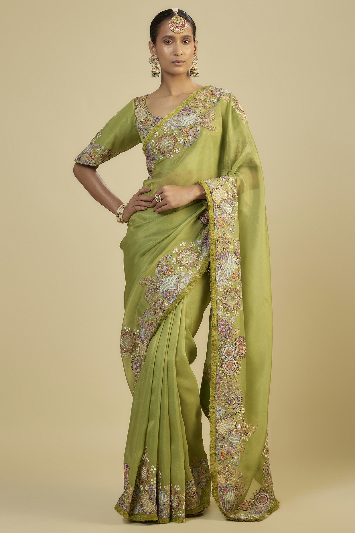 Green Shimmer Tissue Thread Work Reception Saree Set by Jaya Rathore at Pernia's Pop Up Shop