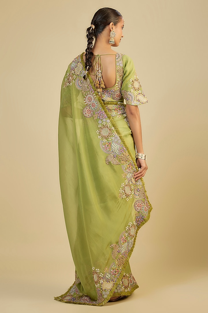 Green Shimmer Tissue Thread Work Reception Saree Set by Jaya Rathore at Pernia's Pop Up Shop