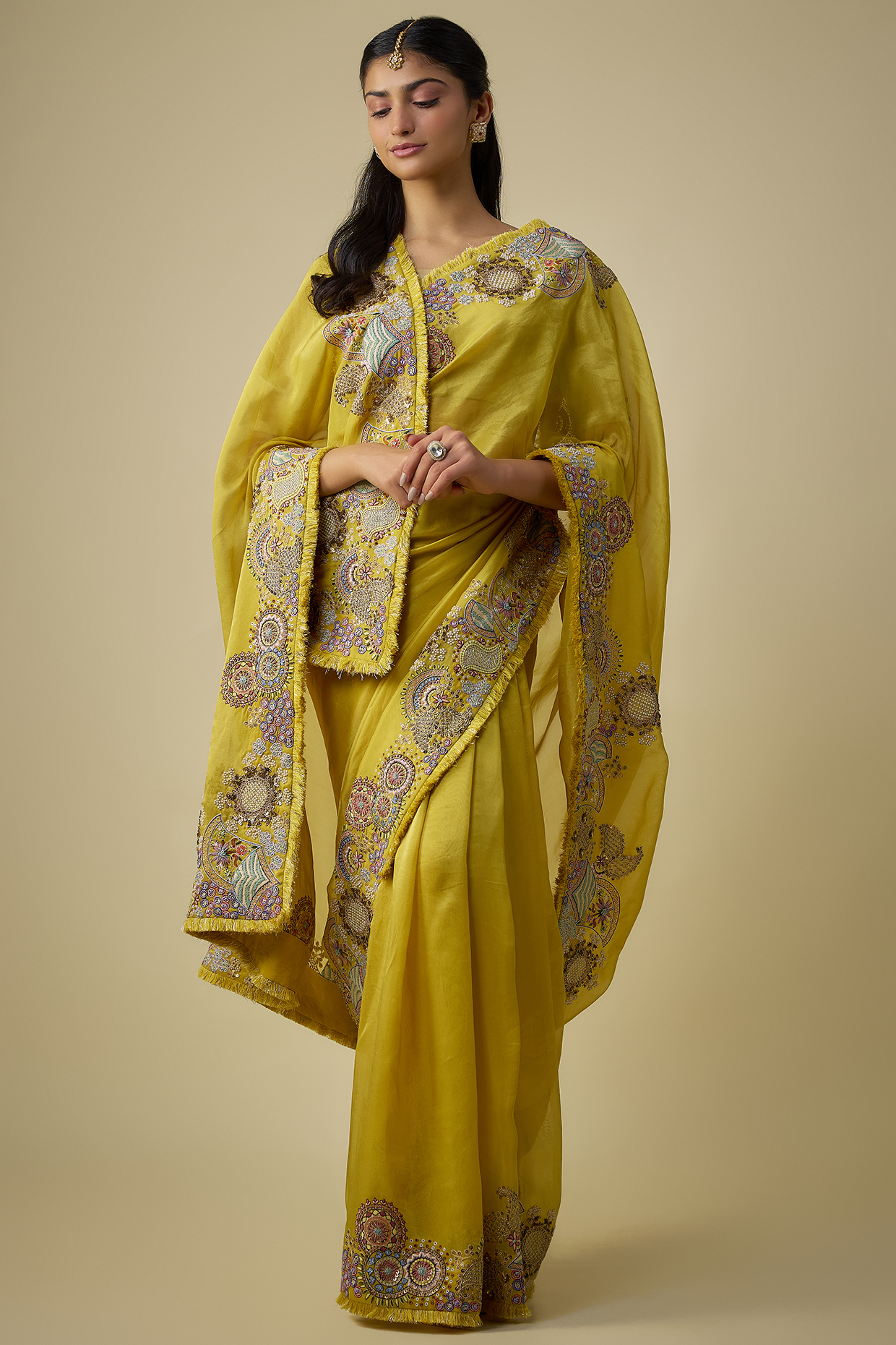 Mustard Shimmer Tissue Embroidered Reception Saree Set by Jaya Rathore at Pernia's Pop Up Shop