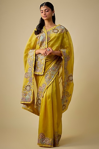 Mustard Shimmer Tissue Embroidered Saree Set by Jaya Rathore
