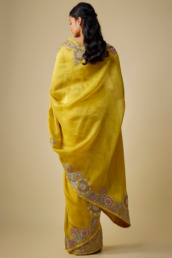 Mustard Shimmer Tissue Embroidered Reception Saree Set by Jaya Rathore at Pernia's Pop Up Shop