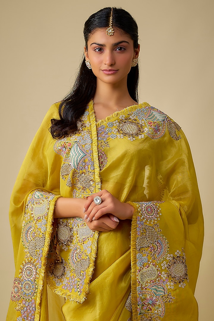 Mustard Shimmer Tissue Embroidered Reception Saree Set by Jaya Rathore at Pernia's Pop Up Shop