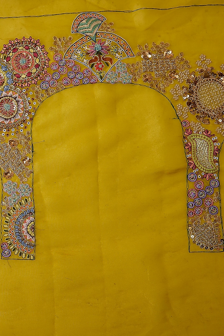 Mustard Shimmer Tissue Embroidered Reception Saree Set by Jaya Rathore at Pernia's Pop Up Shop