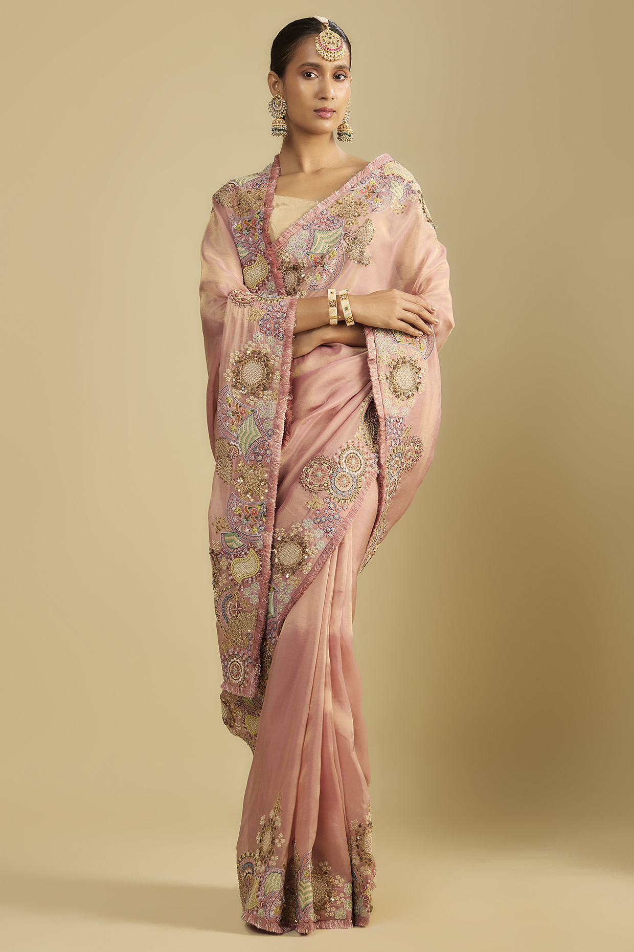 Onion Pink Shimmer Tissue Thread Work Reception Saree Set by Jaya Rathore at Pernia's Pop Up Shop