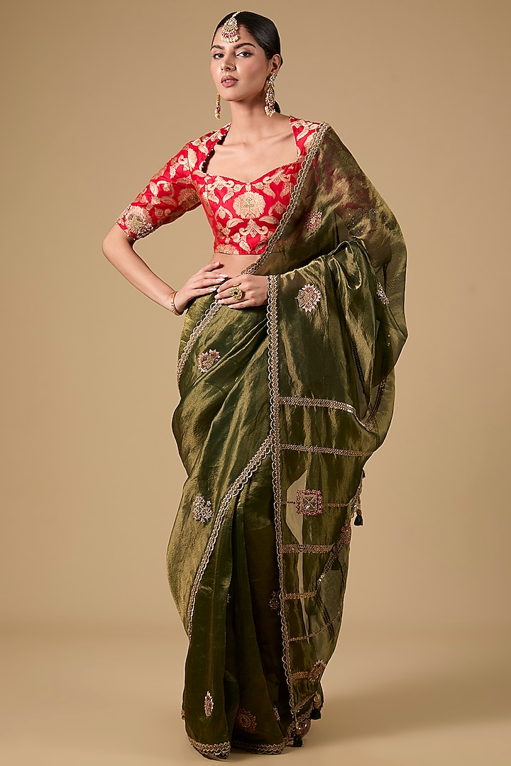 Green Tissue Boota Embroidered Wedding Saree Set by Jaya Rathore at Pernia's Pop Up Shop