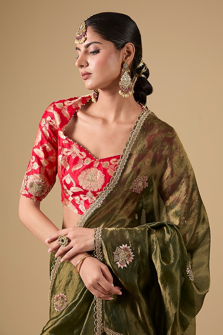 Green Tissue Boota Embroidered Wedding Saree Set by Jaya Rathore at Pernia's Pop Up Shop