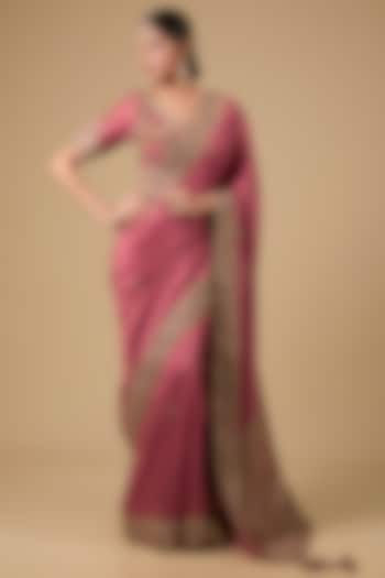 Coral Silk Tikki & Jaal Embroidered Reception Saree Set by Jaya Rathore at Pernia's Pop Up Shop