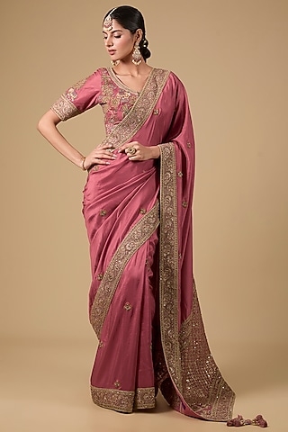 Coral Silk Tikki & Jaal Embroidered Saree Set by Jaya Rathore