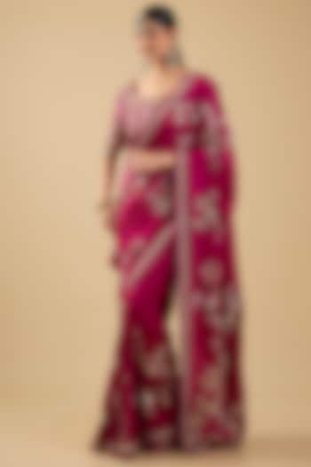 Fuchsia Pink Silk Jaal Embroidered Bridal Saree Set by Jaya Rathore at Pernia's Pop Up Shop