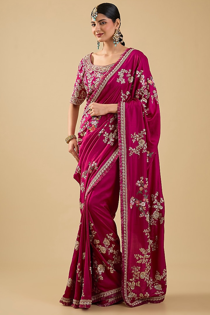 Fuchsia Pink Silk Jaal Embroidered Bridal Saree Set by Jaya Rathore at Pernia's Pop Up Shop