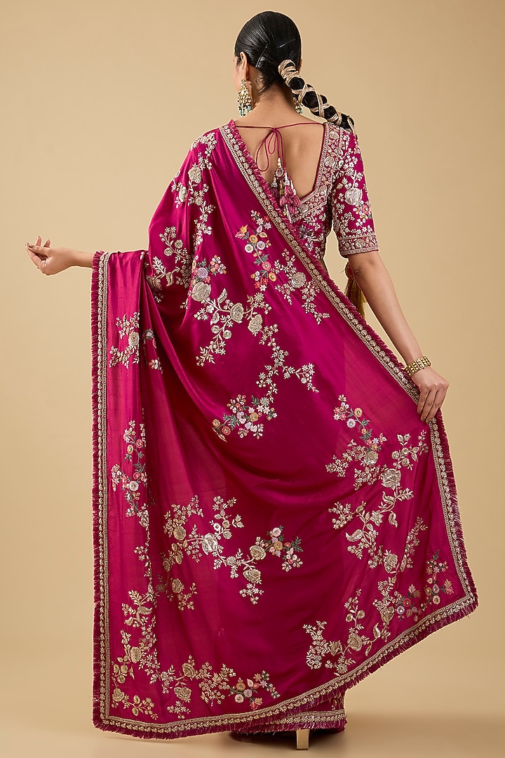 Fuchsia Pink Silk Jaal Embroidered Bridal Saree Set by Jaya Rathore at Pernia's Pop Up Shop