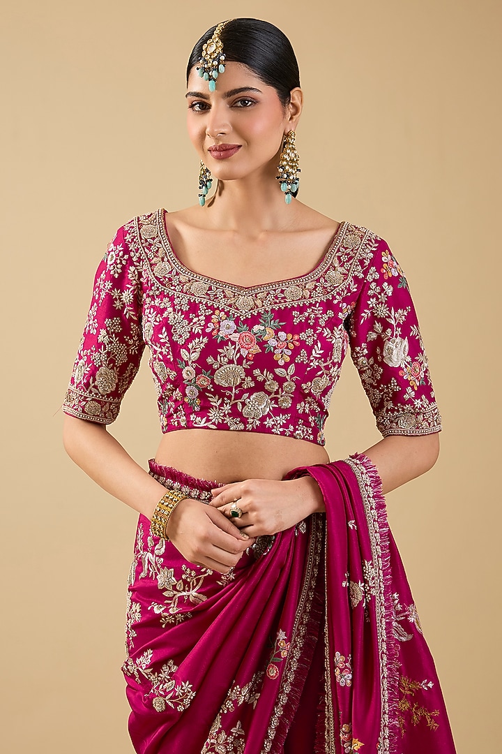 Fuchsia Pink Silk Jaal Embroidered Bridal Saree Set by Jaya Rathore at Pernia's Pop Up Shop