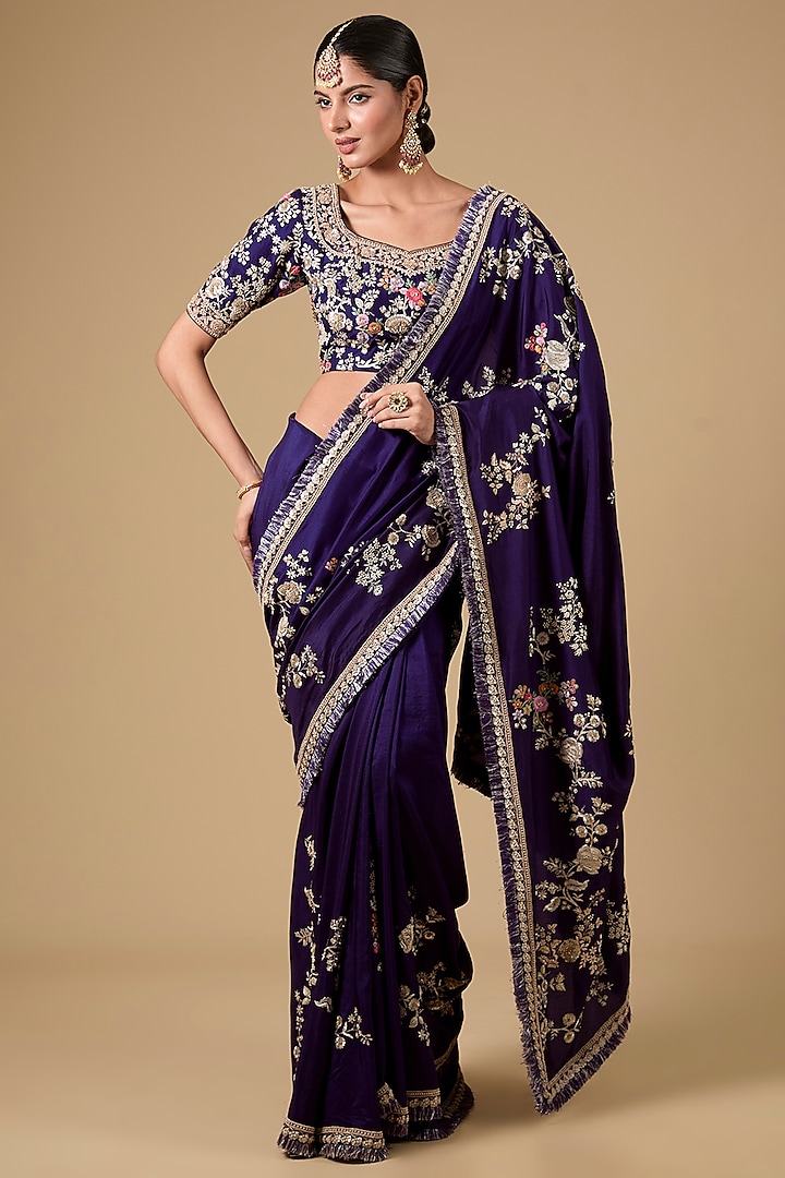 Purple Silk Thread Work Bridal Saree Set by Jaya Rathore at Pernia's Pop Up Shop