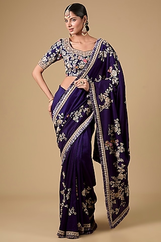 Purple Silk Thread Work Saree Set by Jaya Rathore