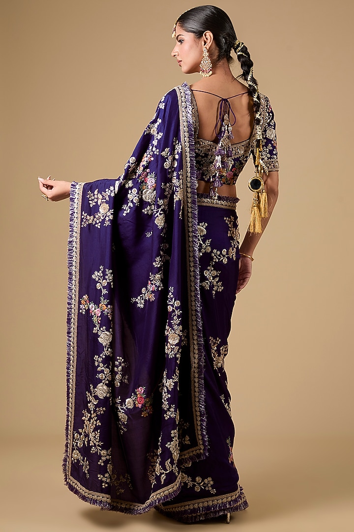 Purple Silk Thread Work Bridal Saree Set by Jaya Rathore at Pernia's Pop Up Shop