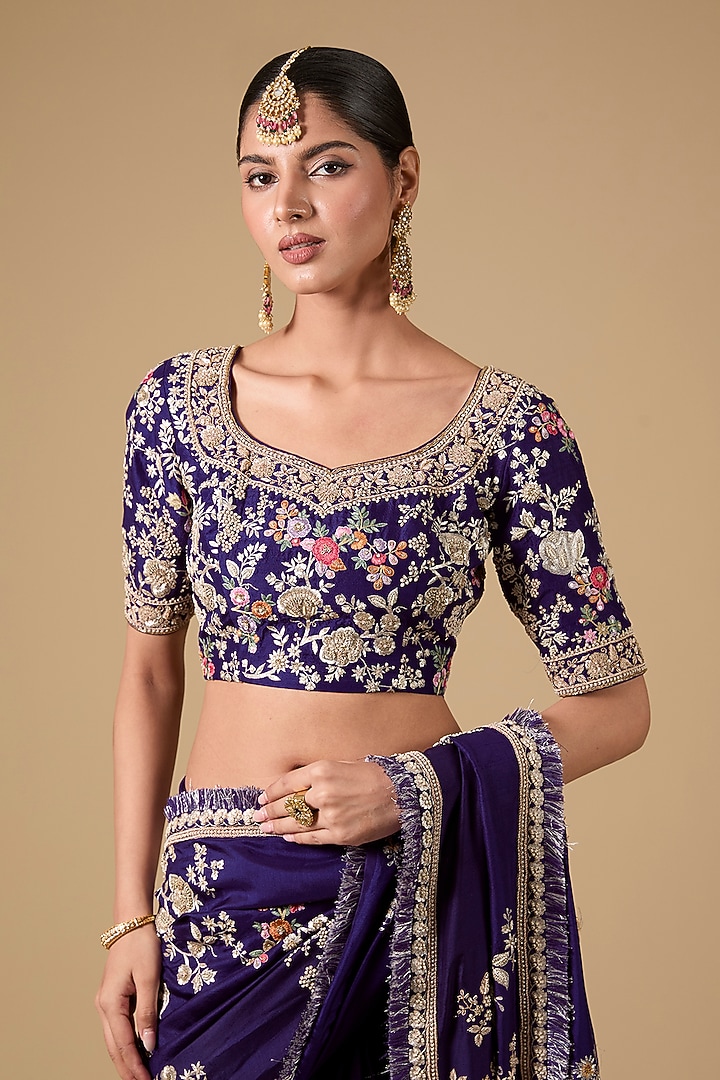 Purple Silk Thread Work Bridal Saree Set by Jaya Rathore at Pernia's Pop Up Shop