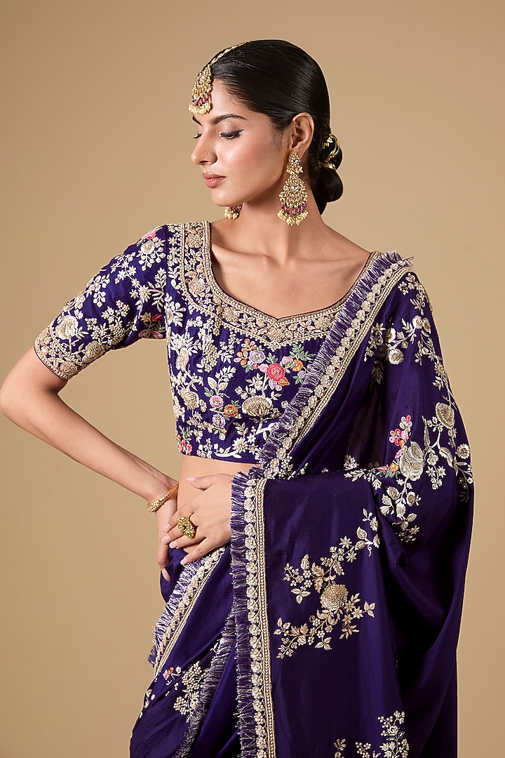 Purple Silk Thread Work Bridal Saree Set by Jaya Rathore at Pernia's Pop Up Shop
