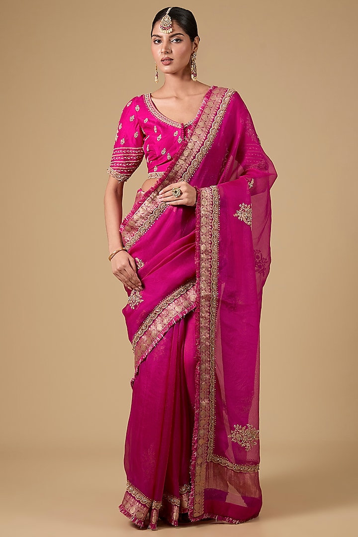 Fuchsia Pink Handloom Boota Embroidered Reception Saree Set by Jaya Rathore at Pernia's Pop Up Shop