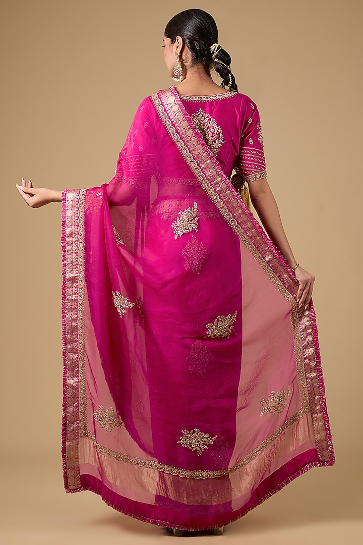 Fuchsia Pink Handloom Boota Embroidered Reception Saree Set by Jaya Rathore at Pernia's Pop Up Shop