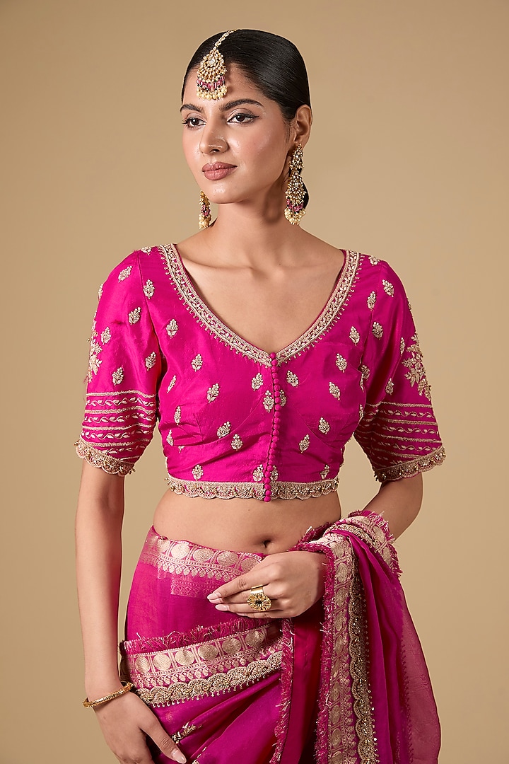 Fuchsia Pink Handloom Boota Embroidered Reception Saree Set by Jaya Rathore at Pernia's Pop Up Shop