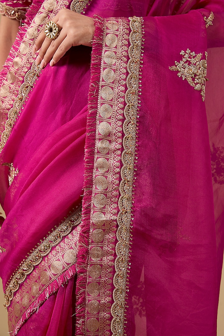 Fuchsia Pink Handloom Boota Embroidered Reception Saree Set by Jaya Rathore at Pernia's Pop Up Shop