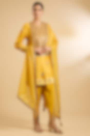 Mustard Silk Organza & Crepe Mirror Work Tunic Set by Jaya Rathore at Pernia's Pop Up Shop