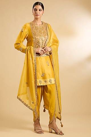 Mustard Silk Organza & Crepe Mirror Work Tunic Set by Jaya Rathore