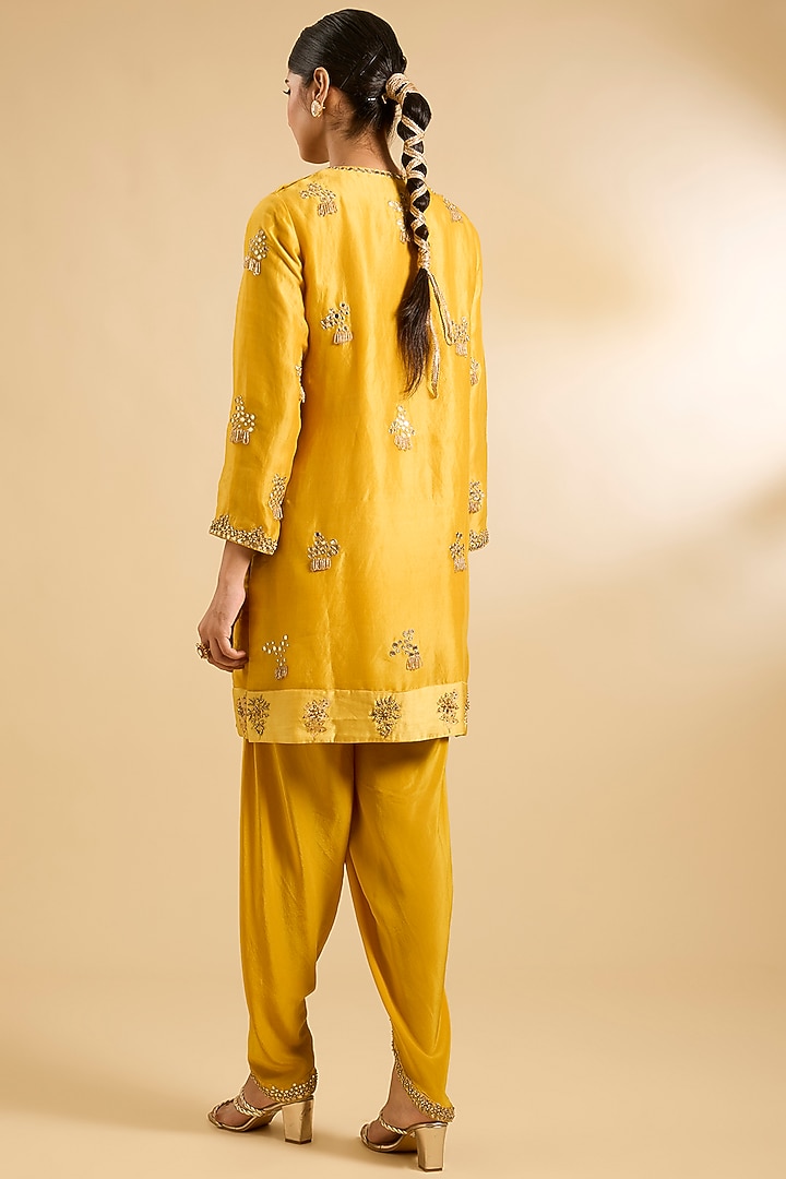 Mustard Silk Organza & Crepe Mirror Work Tunic Set by Jaya Rathore at Pernia's Pop Up Shop