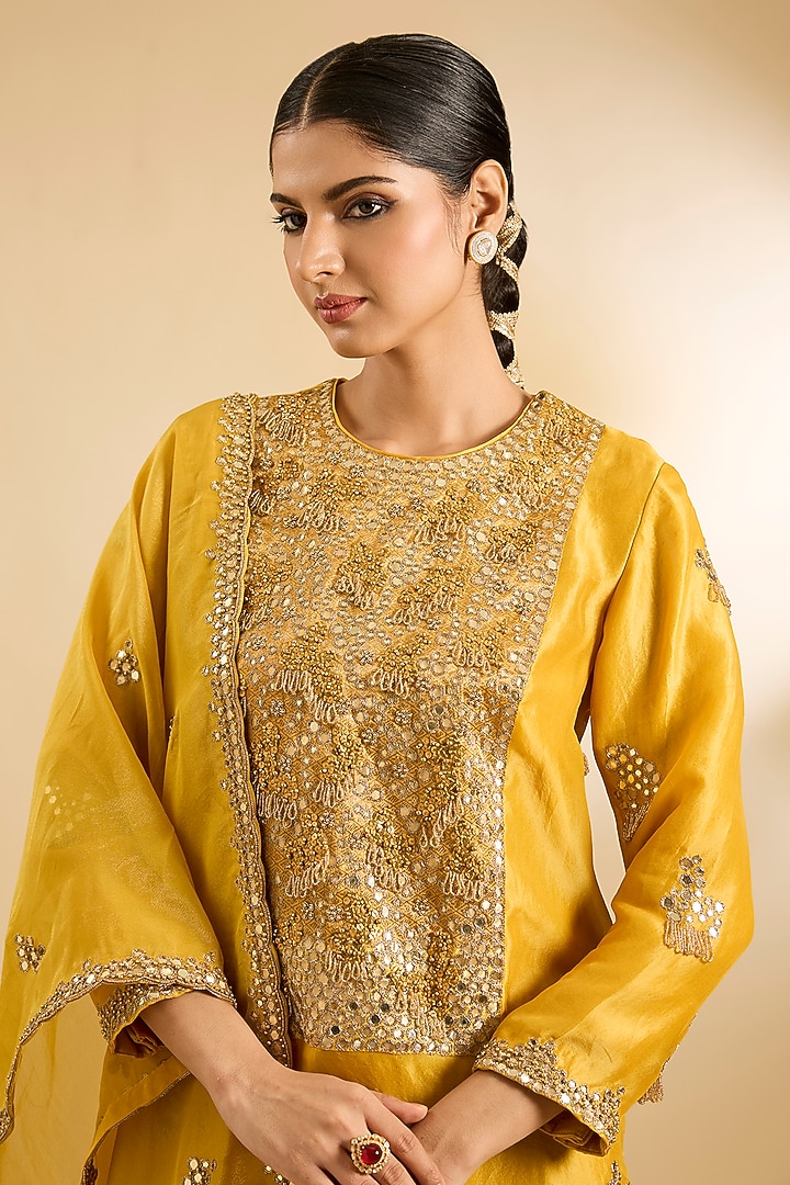 Mustard Silk Organza & Crepe Mirror Work Tunic Set by Jaya Rathore at Pernia's Pop Up Shop