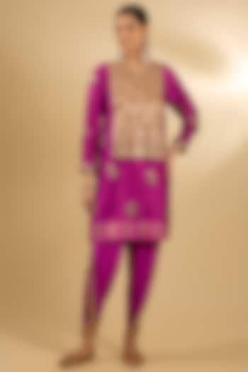 Fuchsia Silk Organza & Crepe Mirror Work Tunic Set by Jaya Rathore at Pernia's Pop Up Shop