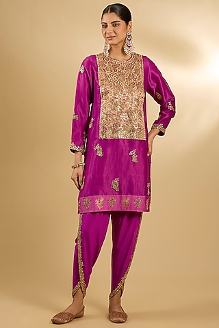 Fuchsia Silk Organza & Crepe Mirror Work Tunic Set by Jaya Rathore