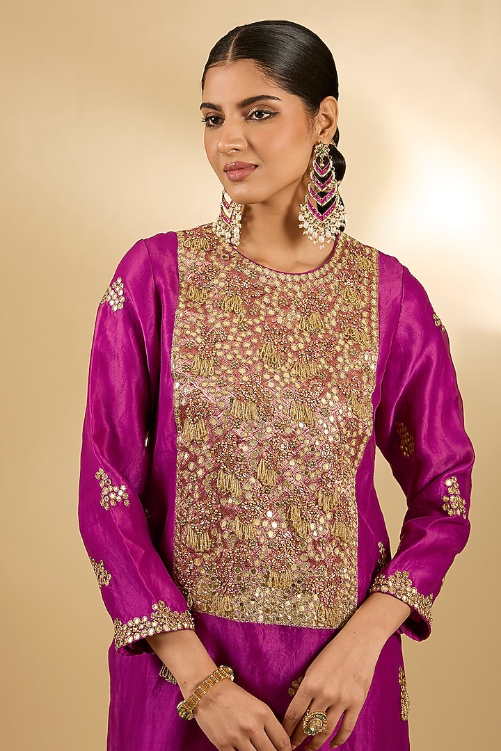 Fuchsia Silk Organza & Crepe Mirror Work Tunic Set by Jaya Rathore at Pernia's Pop Up Shop