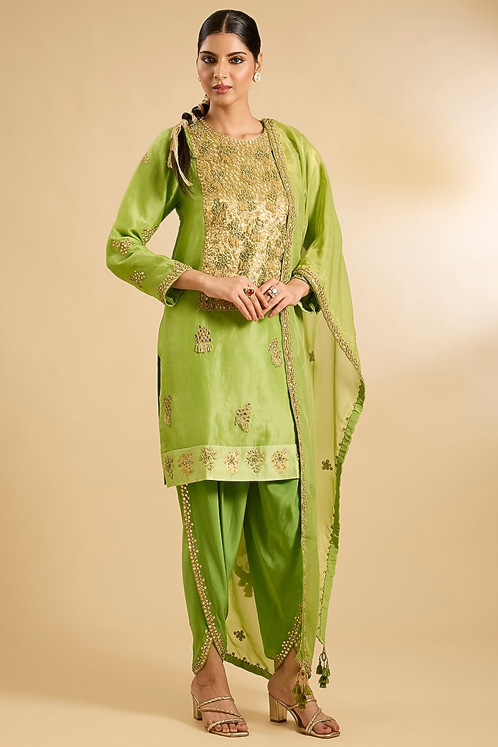 Green Silk Organza & Crepe Mirror Work Tunic Set by Jaya Rathore at Pernia's Pop Up Shop