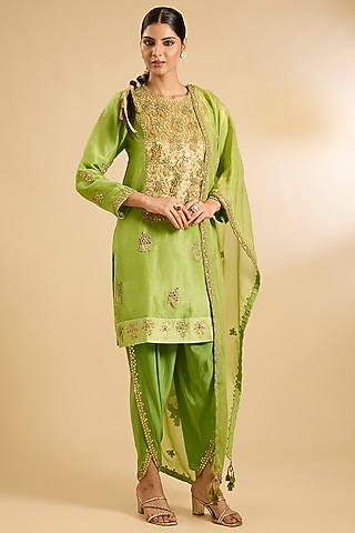 Green Silk Organza & Crepe Mirror Work Tunic Set by Jaya Rathore