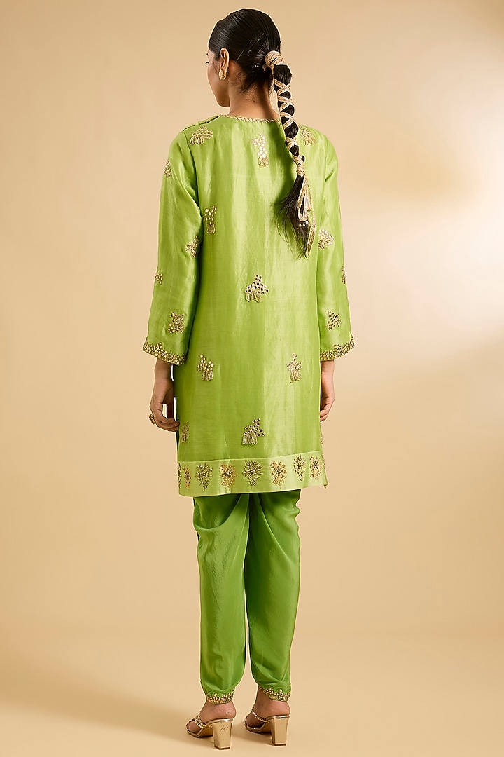 Green Silk Organza & Crepe Mirror Work Tunic Set by Jaya Rathore at Pernia's Pop Up Shop