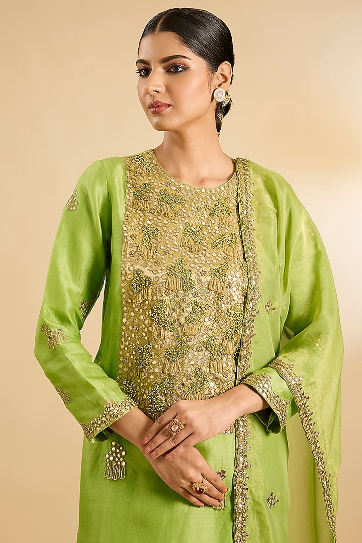 Green Silk Organza & Crepe Mirror Work Tunic Set by Jaya Rathore at Pernia's Pop Up Shop