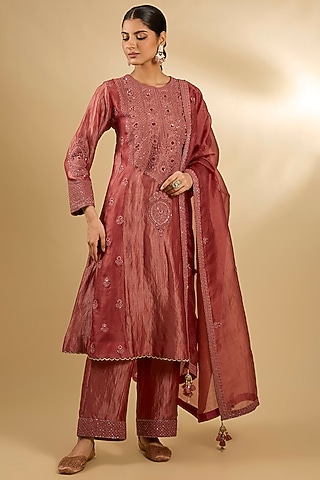 Orange Handloom Silk & Organza Threadwork Tunic Set by Jaya Rathore