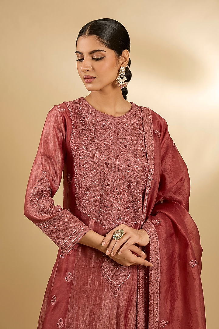 Orange Handloom Silk & Organza Threadwork Tunic Set by Jaya Rathore at Pernia's Pop Up Shop