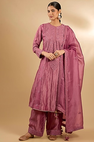 Onion Pink Handloom Silk & Organza Threadwork Tunic Set by Jaya Rathore