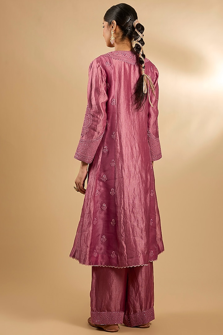 Onion Pink Handloom Silk & Organza Threadwork Tunic Set by Jaya Rathore at Pernia's Pop Up Shop
