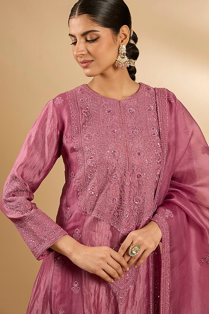Onion Pink Handloom Silk & Organza Threadwork Tunic Set by Jaya Rathore at Pernia's Pop Up Shop