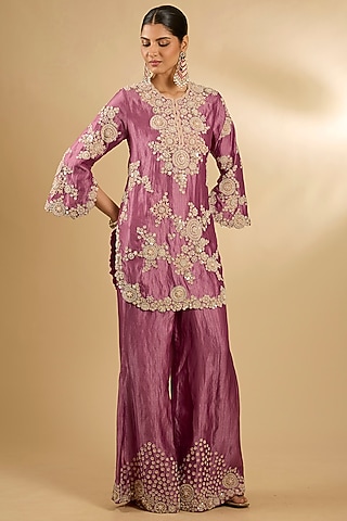 Onion Pink Handloom Silk Threadwork Tunic Set by Jaya Rathore