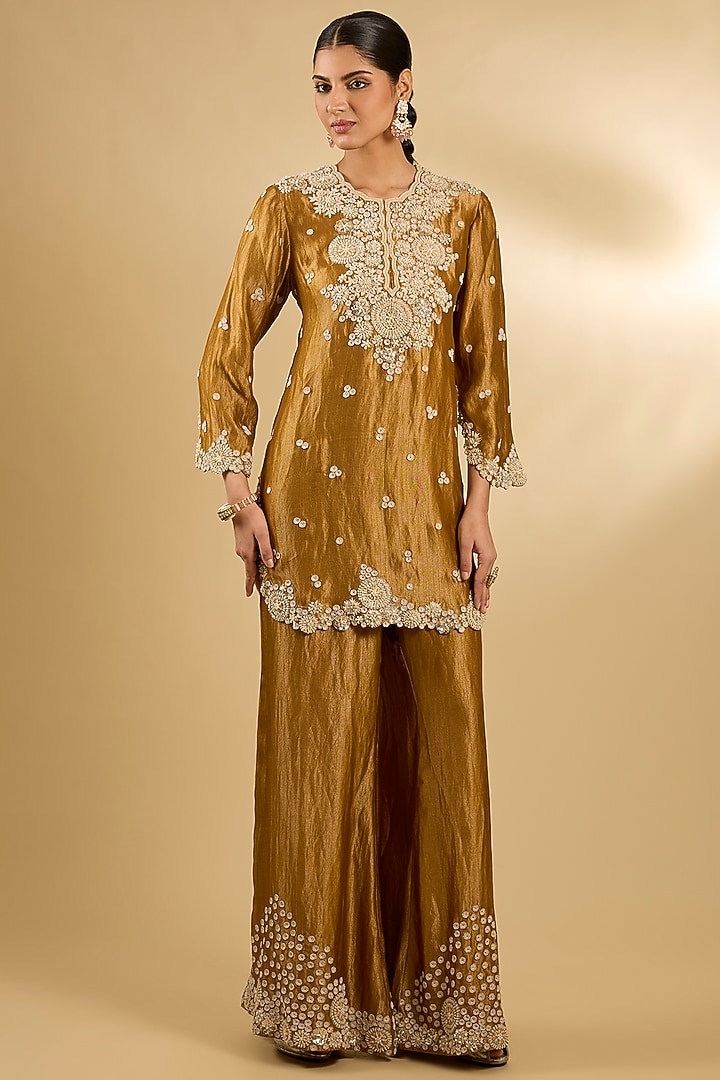 Gold Handloom Silk Threadwork Tunic Set by Jaya Rathore at Pernia's Pop Up Shop