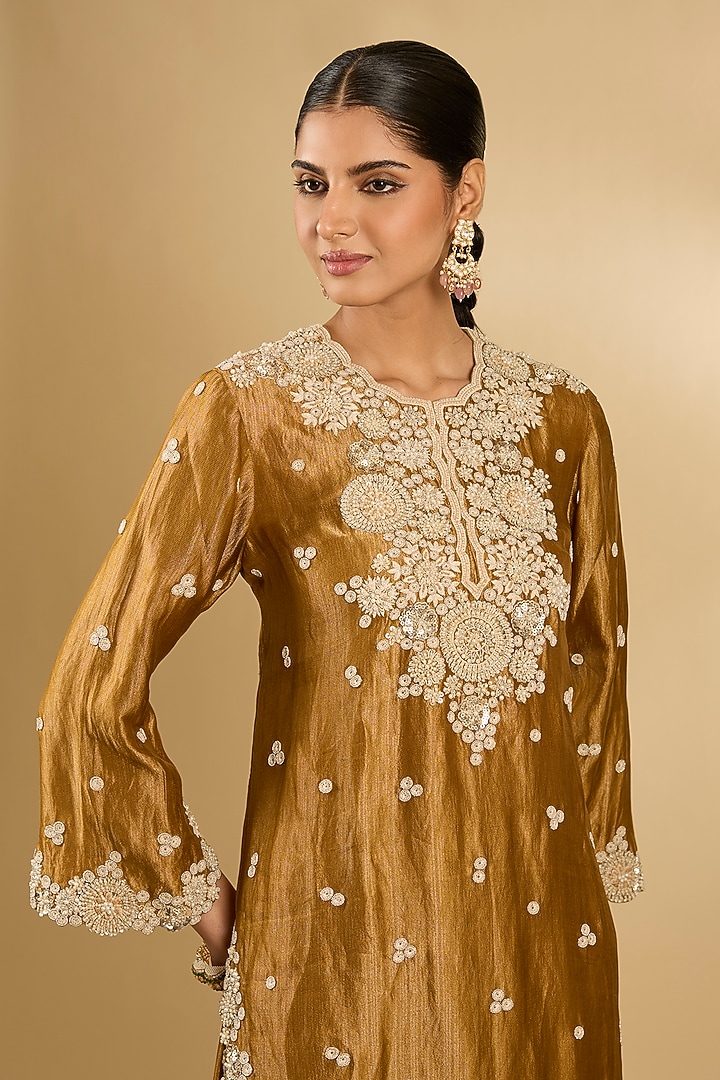 Gold Handloom Silk Threadwork Tunic Set by Jaya Rathore at Pernia's Pop Up Shop