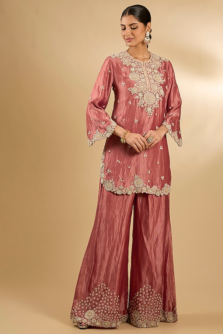 Orange Handloom Silk Threadwork Tunic Set by Jaya Rathore at Pernia's Pop Up Shop