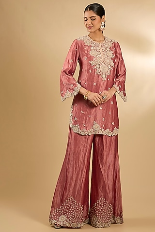 Orange Handloom Silk Threadwork Tunic Set by Jaya Rathore