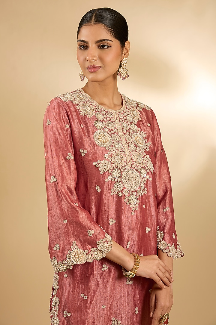Orange Handloom Silk Threadwork Tunic Set by Jaya Rathore at Pernia's Pop Up Shop