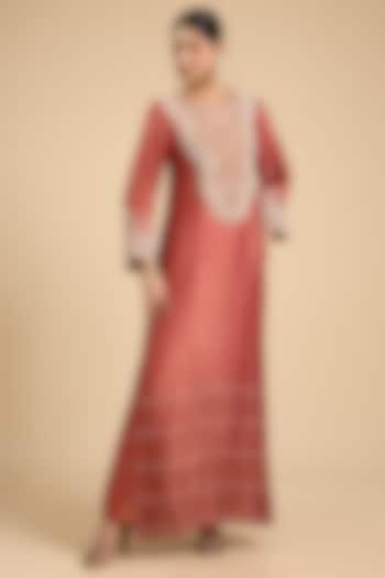 Rust Handloom Tissue Thread & Moti Embroidered Tunic Set by Jaya Rathore at Pernia's Pop Up Shop